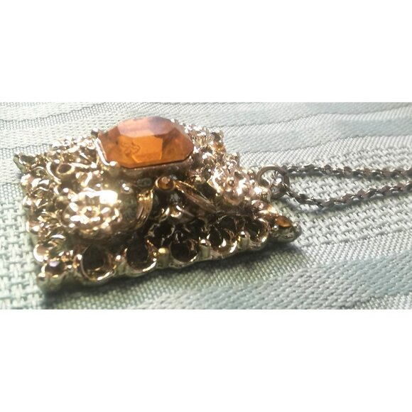 Vint. 80s Silver Tone Necklace Citrine Glass Pendant Accent Stones Some Missing - Picture 5 of 8